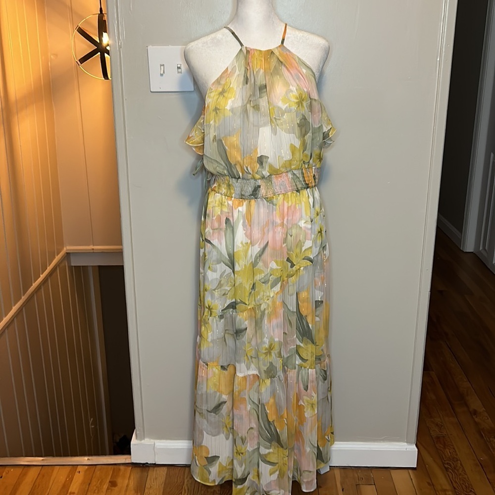 Zara Metallic Thread Floral Print Ruffle Dress NWT Size XL - Picture 11 of 16